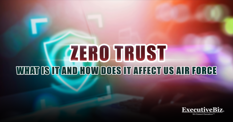 A glowing network privacy icon with an overlay of the text “Zero Trust: What Is It and How Does It Affect US Air Force”